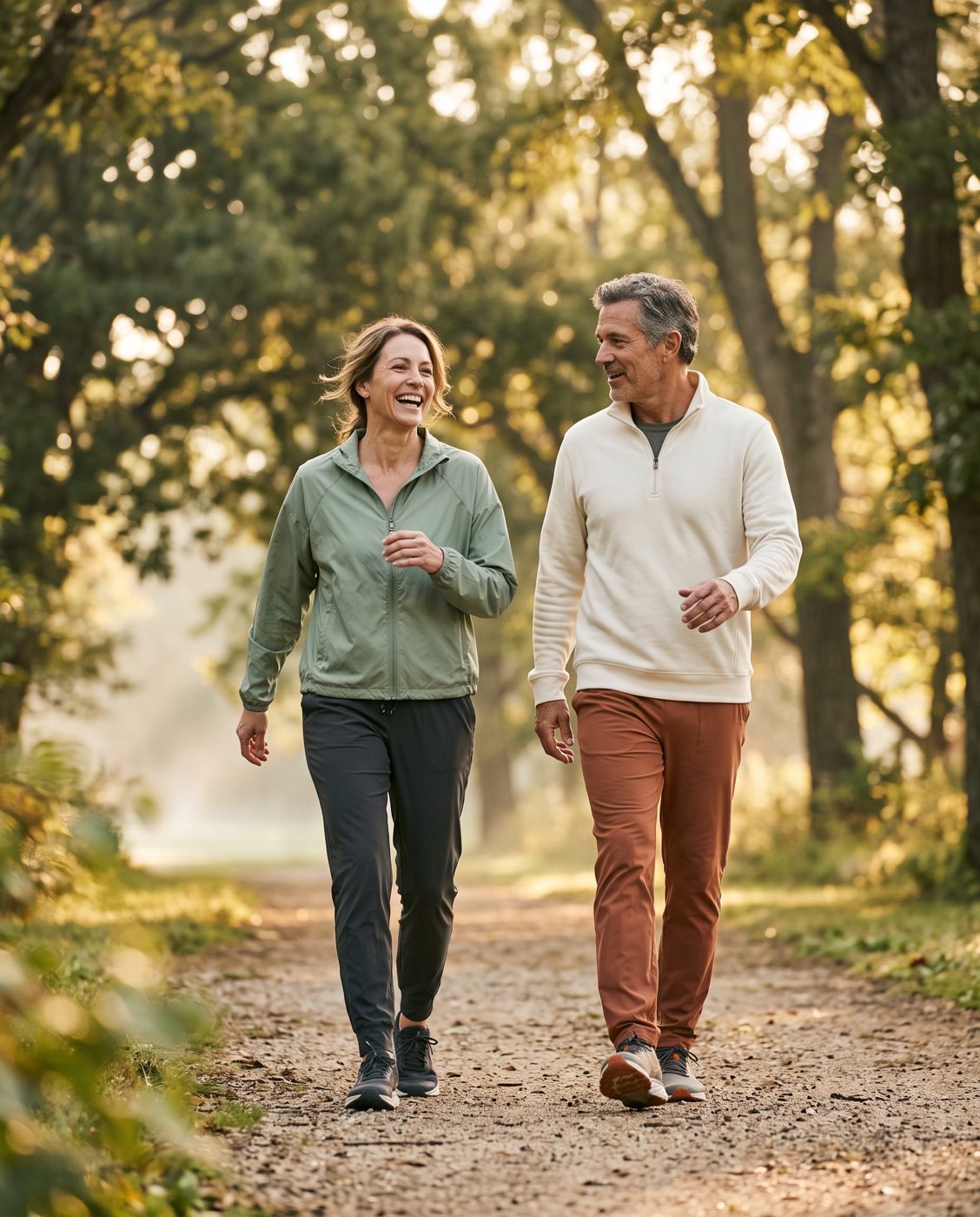 An active couple in their fifties walking on a tree-lined path, representing strength for everyday life