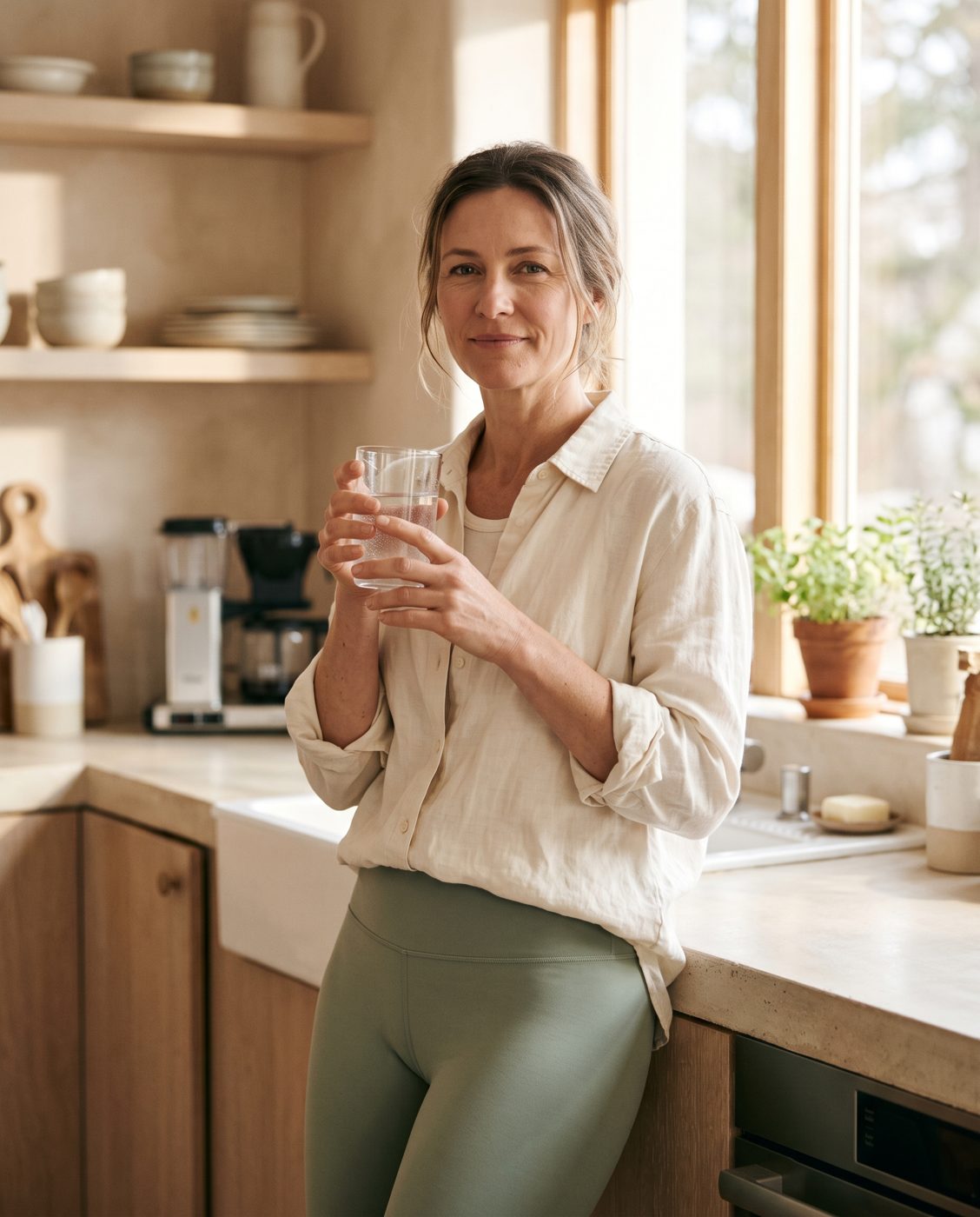 A woman in her forties holding a glass of water in a sunlit kitchen, representing GLP-1 patients who want to keep muscle while losing weight